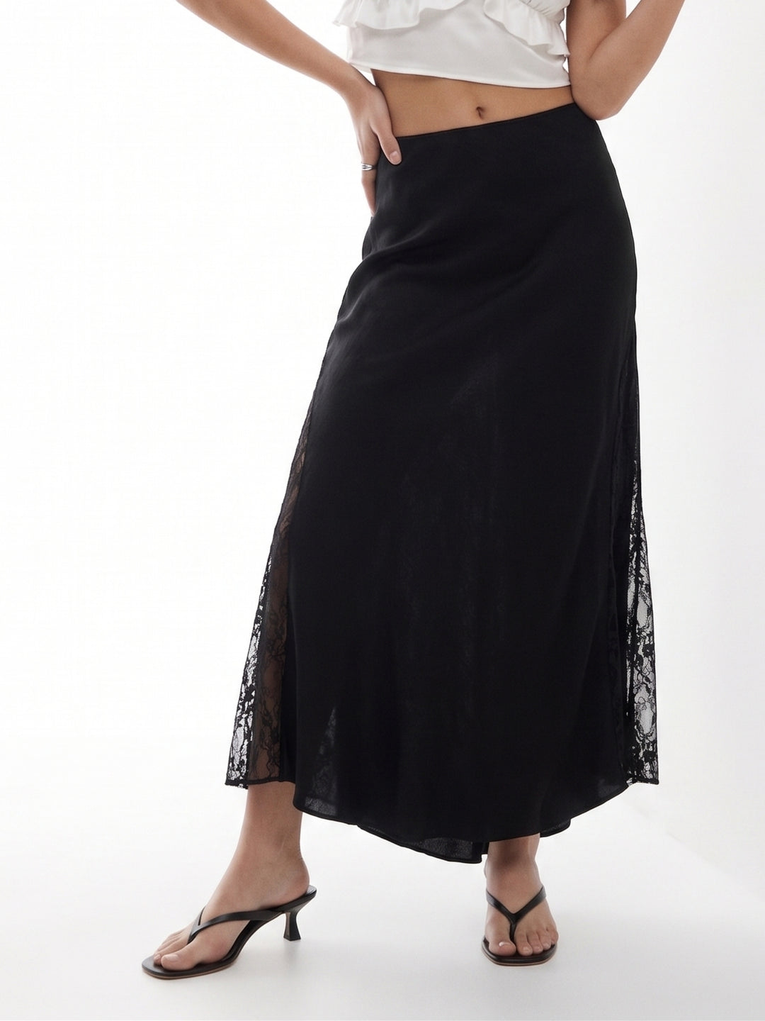 Black High Waist Lace Detail Skirt