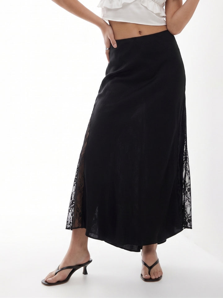 Black High Waist Lace Detail Skirt