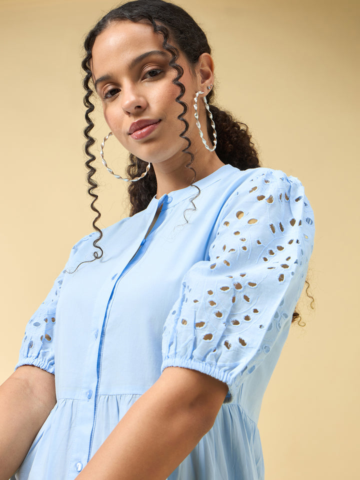 Blue Puff Sleeve Pleated Dress
