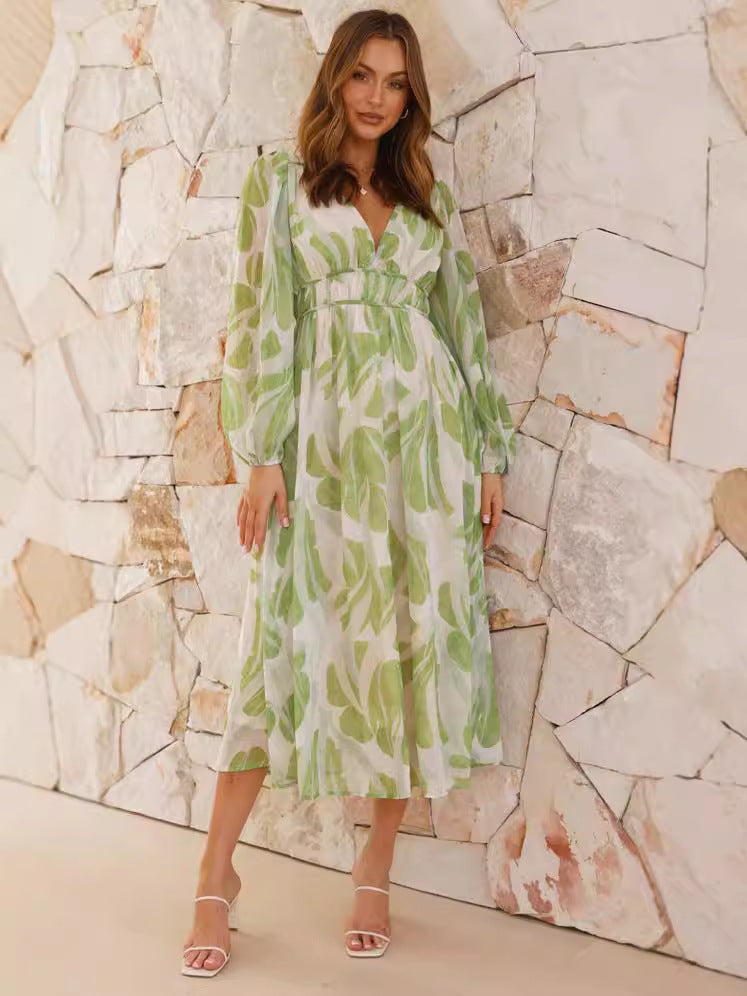 Green Plunge Neck Printed Midi Dress