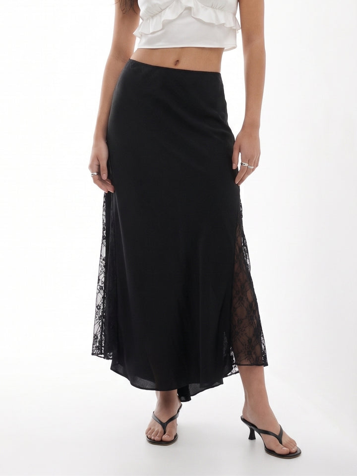 Black High Waist Lace Detail Skirt