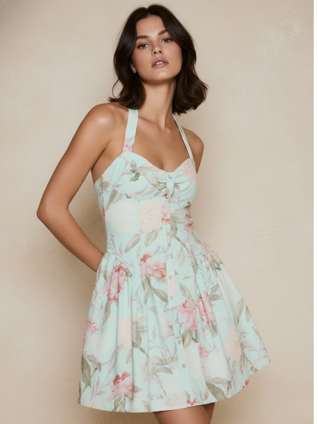 Mint Floral Printed Halter Neck Dress