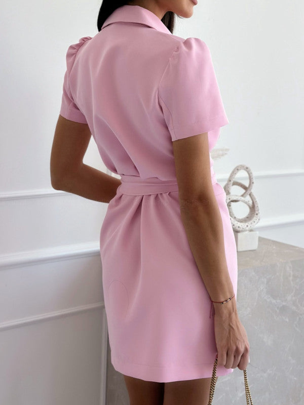 Pink Dress With Collar And Waist Knot