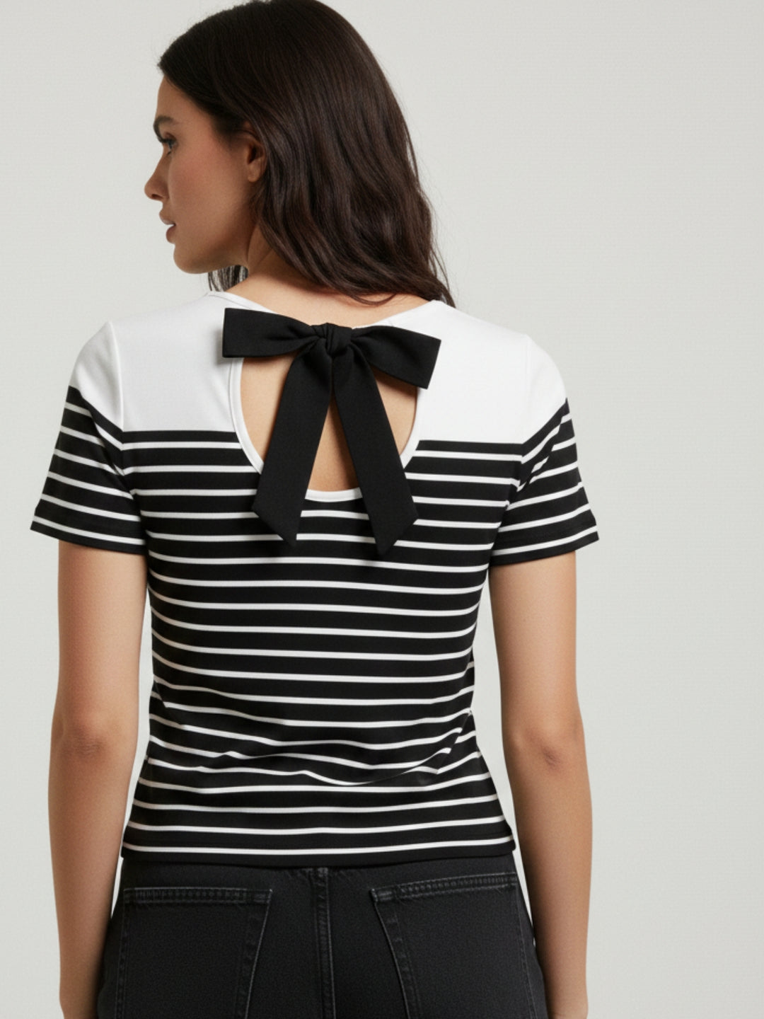 White Short Sleeve Striped Back Bow Top