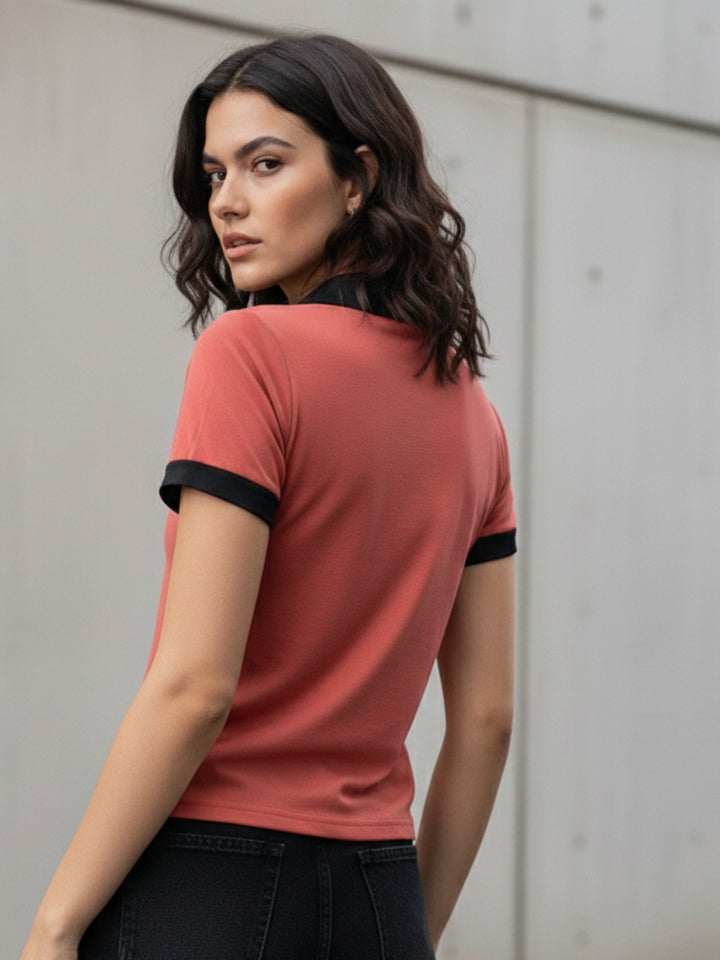 Rust Contrast Binding Knit Top