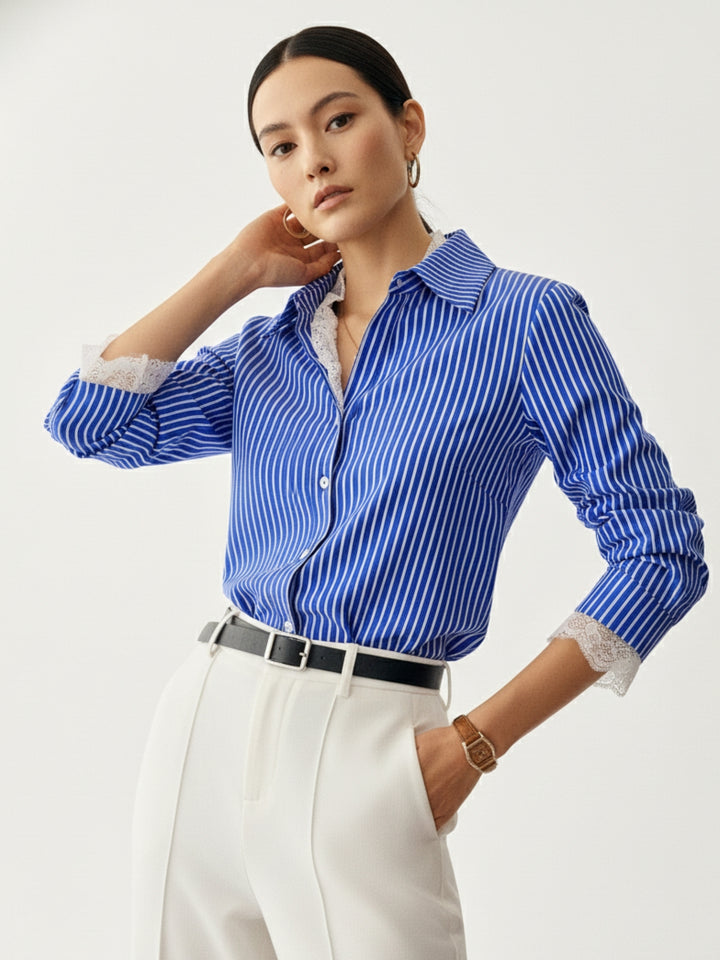 Blue Striped Shirt With Lace Inserts At Neck And Sleeves