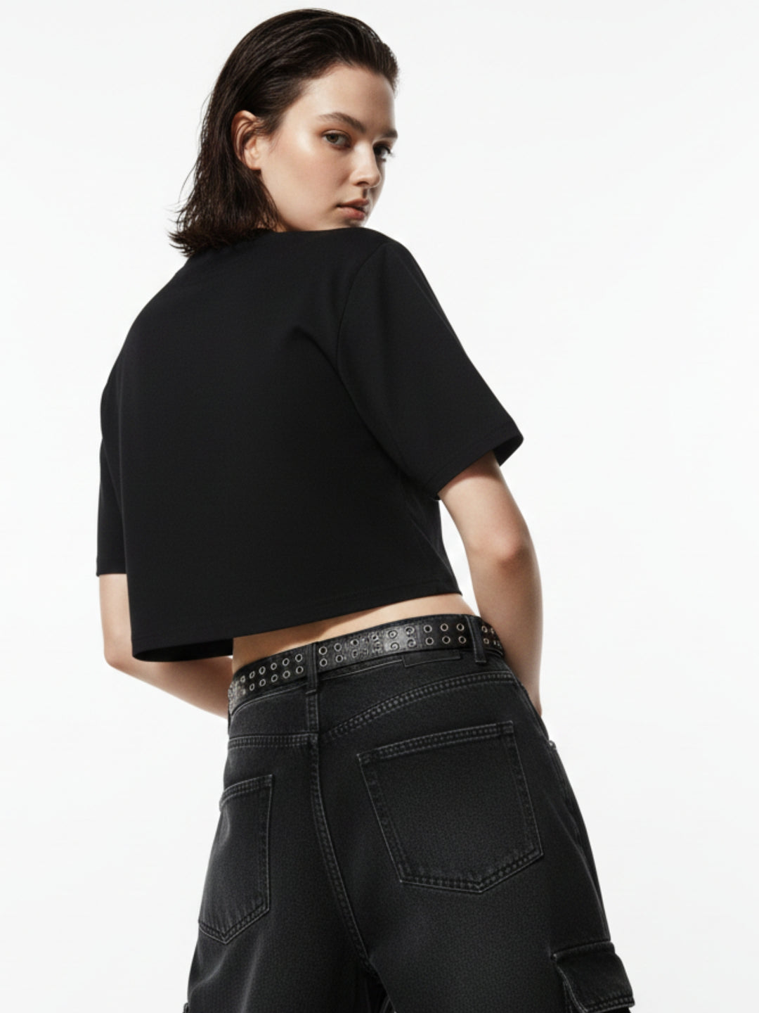 Black Cropped Boxy Foil Printed T-Shirt