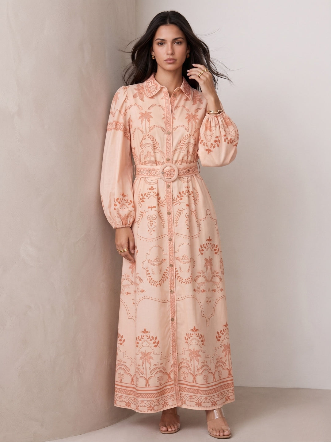 Peach Bishop Sleeve Printed Dress