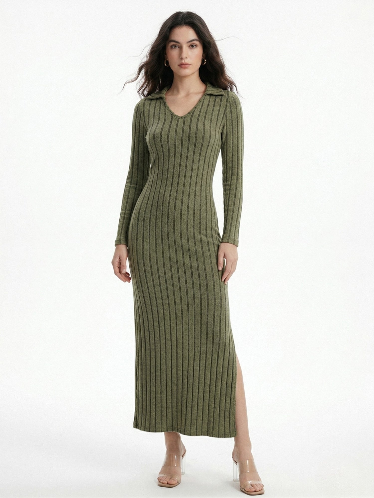Olive Collared Wide Spaced Rib Dress