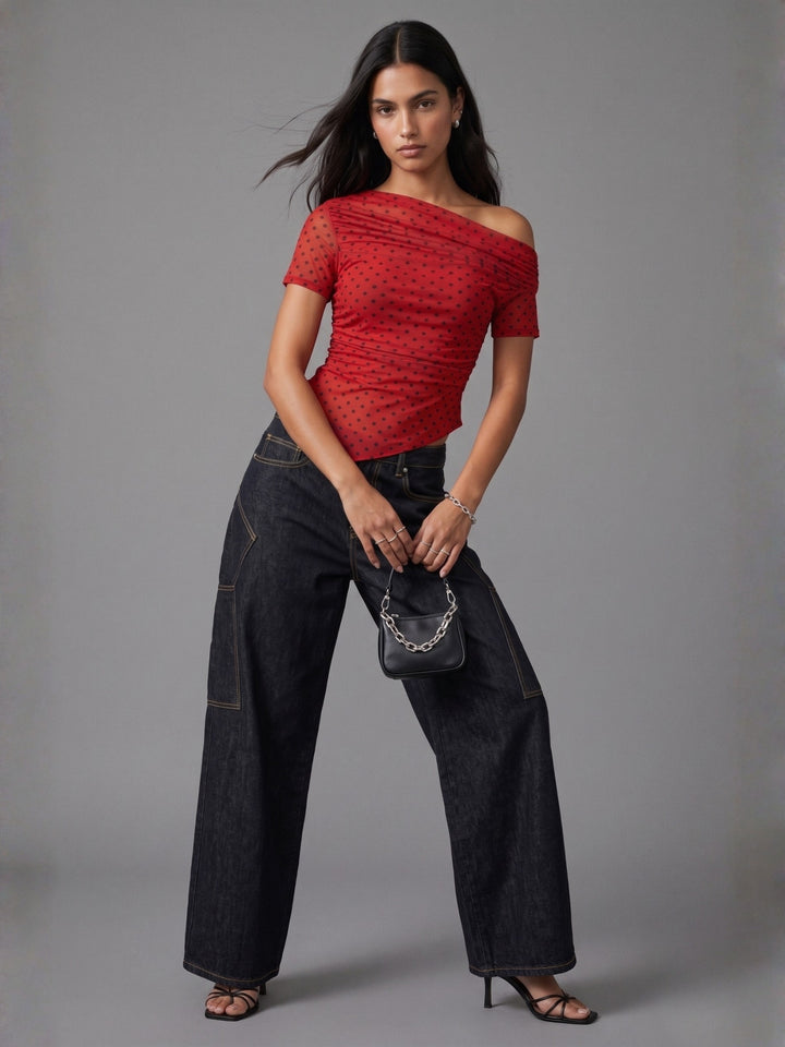 Red Asymmetrical Polka Dot Top