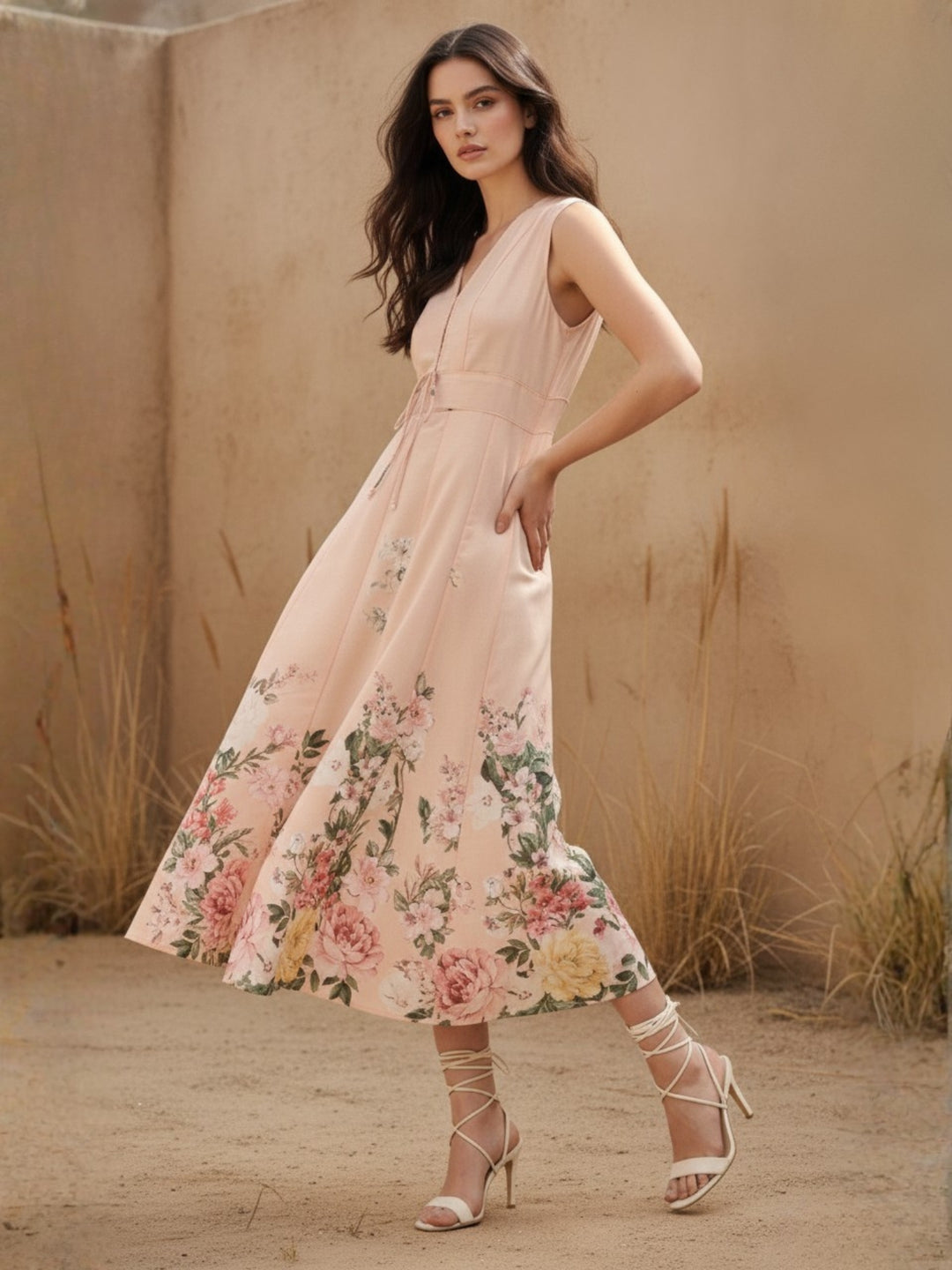 Pink Midi Printed Dress With Bow Tieup Detail