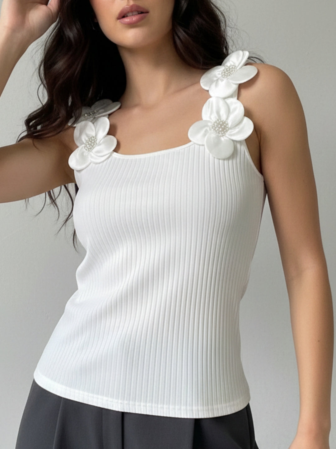 White Floral Embellished Sleeve Fitted Top