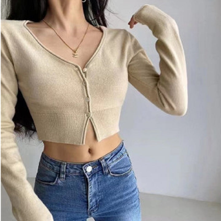 Beige Plunge Neck Cropped Top