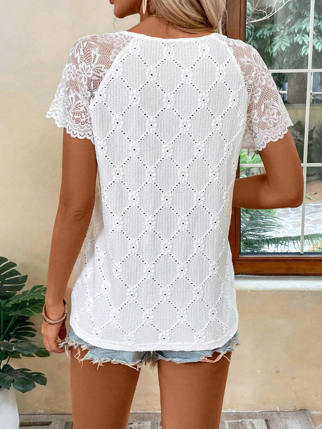 White Mesh Sleeve V-Neck Top