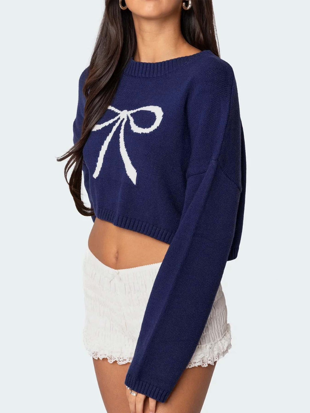 Navy Blue Full Sleeves Printed Relaxed Sweater