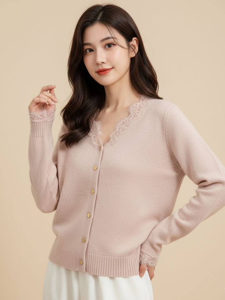 Nude Full Sleeve Lace Hem Buttoned Top