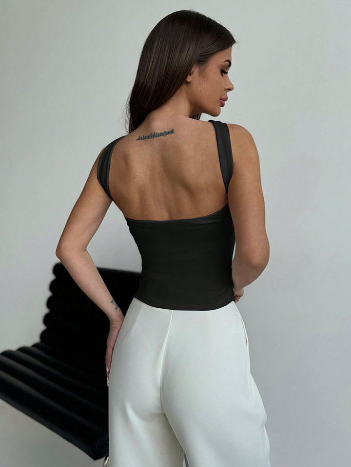 Black Halter Neck Buckle Attached Top