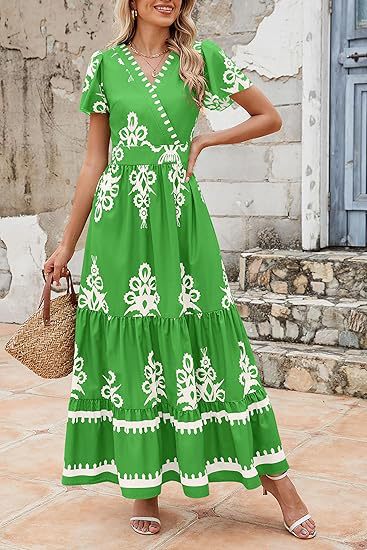 Green Wrap Neck Contrast Coloured Printed Dress