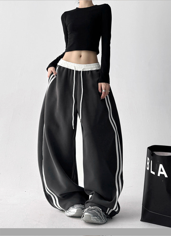 Black High Waist Contrast Band Baggy Pant