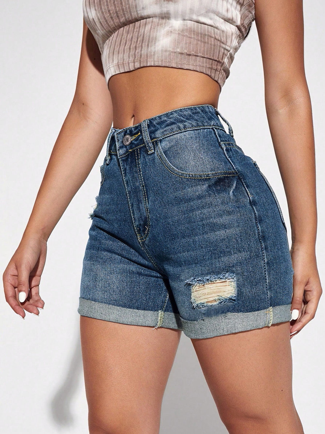 Blue Distressed And Folded Hem Denim Shorts