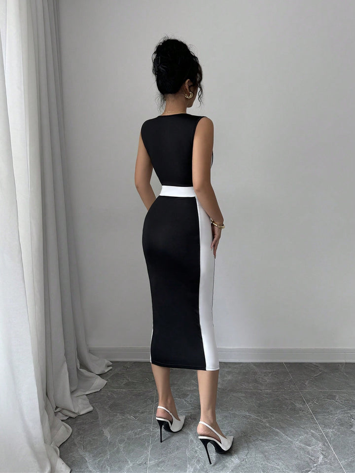 Black Wide Strap Colour Block Dress