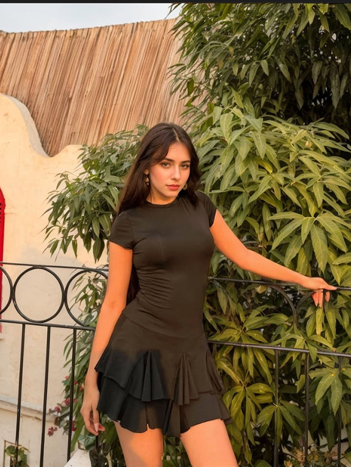 Black Short Sleeve Fringes Attached Dress