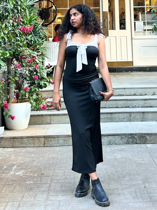 Black Fitted Maxi Dress With Contrast Tie Up Straps