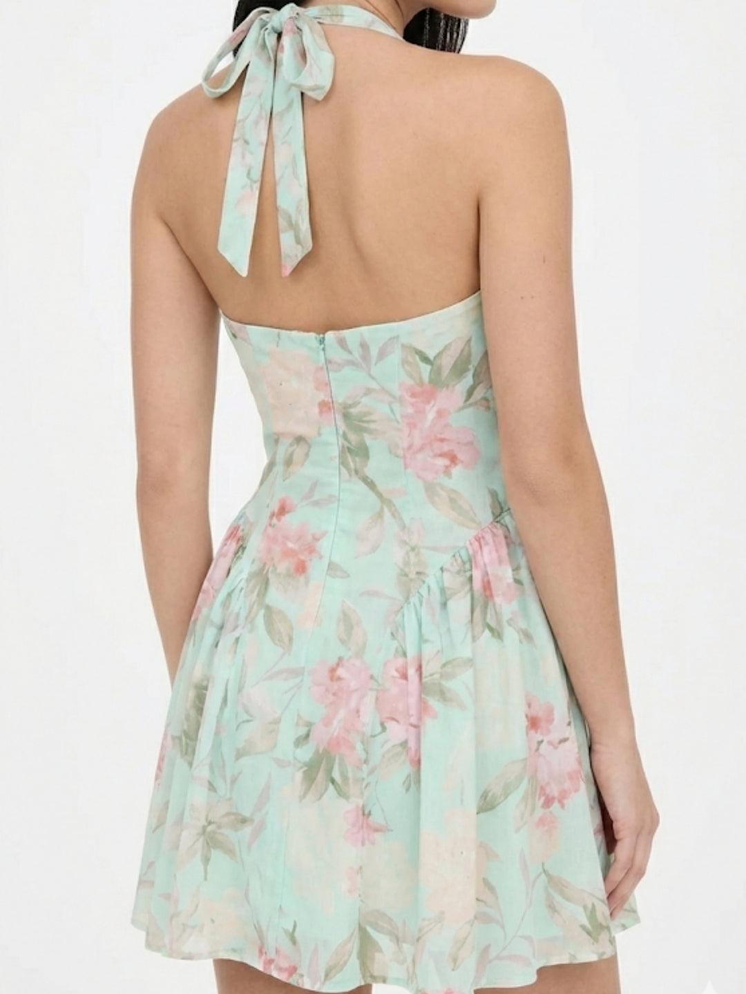 Mint Floral Printed Halter Neck Dress