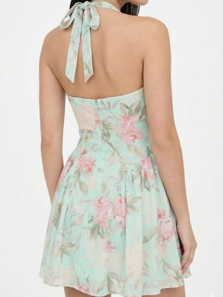 Mint Floral Printed Halter Neck Dress