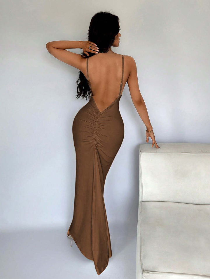 Brown Strappy Ruched Bodycon Dress