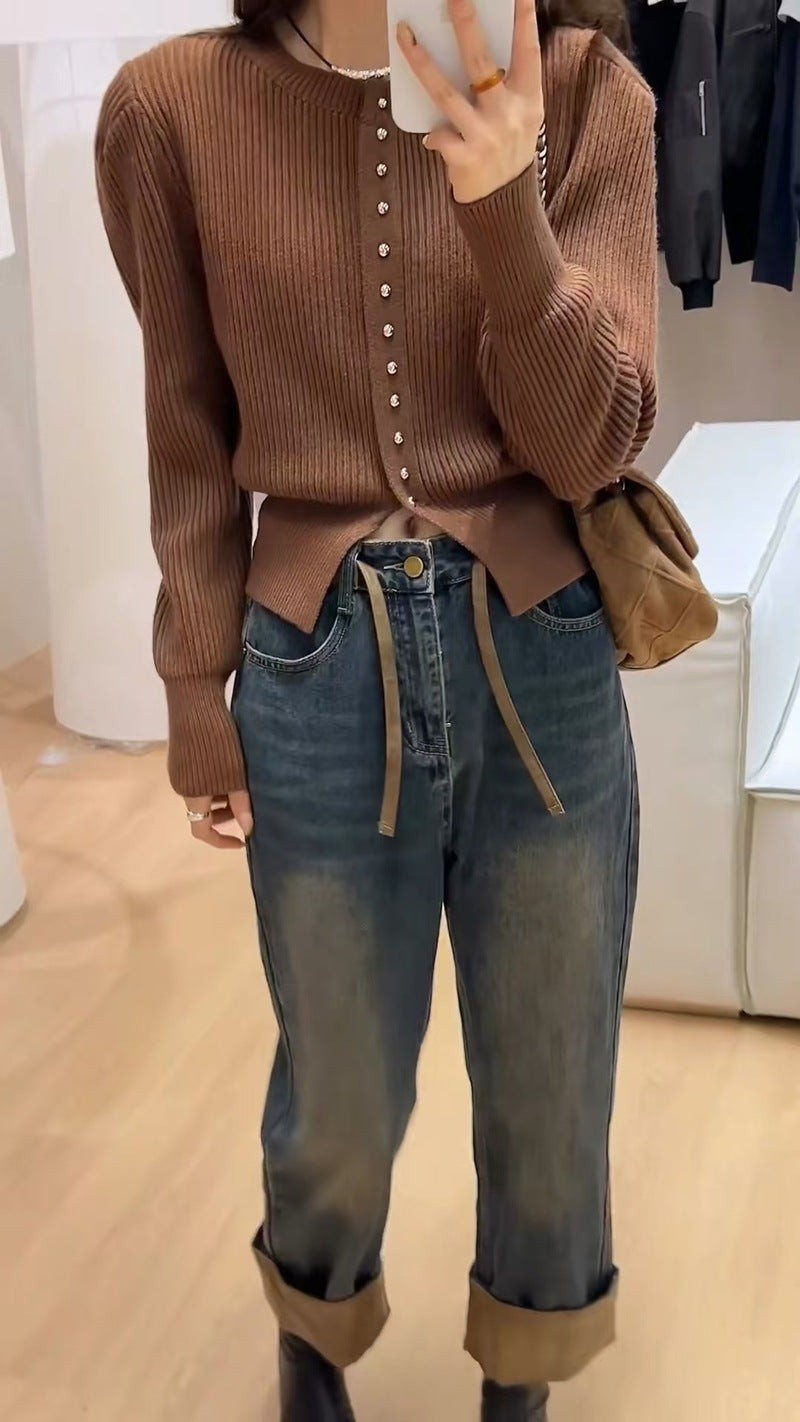 Brown Full Sleeve Front Buttoned Cardigan