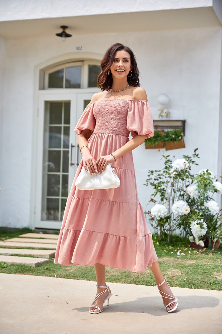 Pink Square Neck Puff Sleeved Tiered Dress