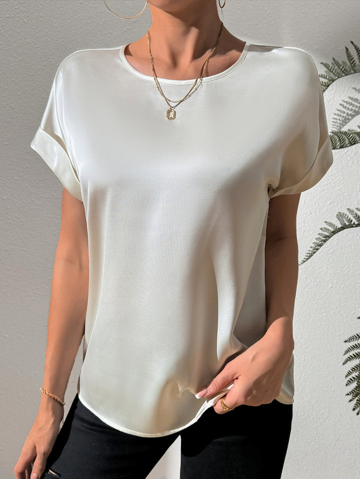 Off White Folded Hem Crew Neck Top
