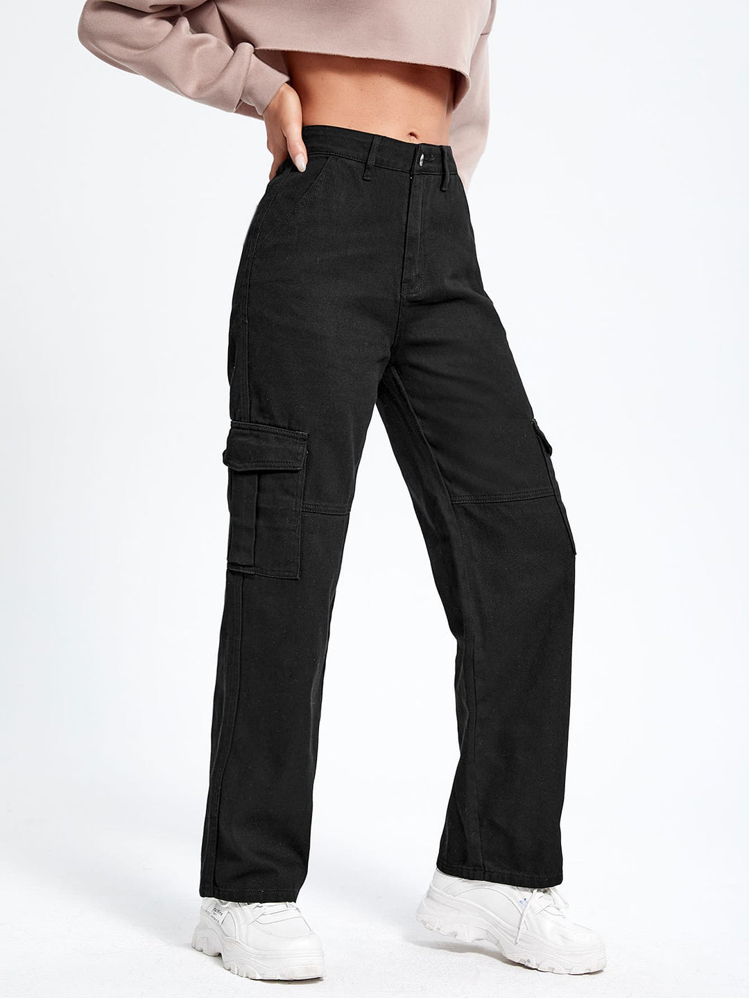 Black Cargo Pocket And Flap Pocket Detailed Jeans