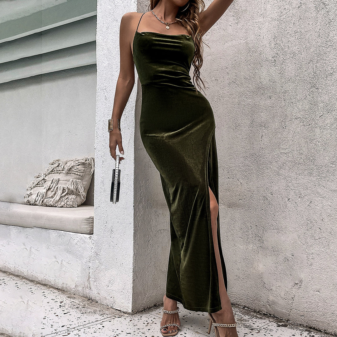 Green Halter Neck Back Tie-Up Detail Dress