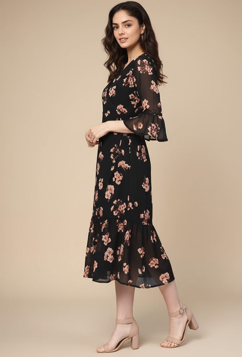 Black  Bishop Sleeve Printed V Neck Dress