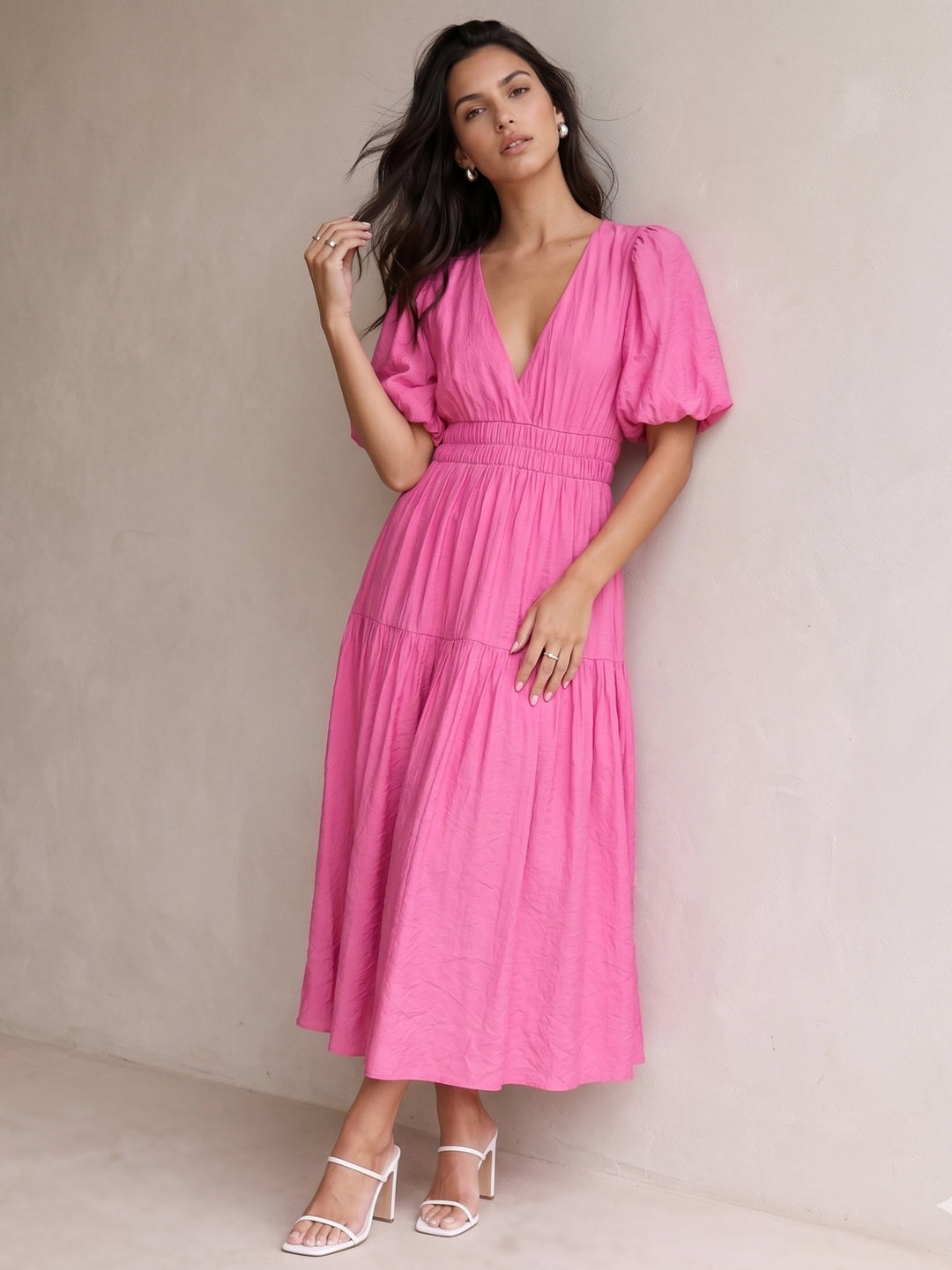 Pink Puff Sleeve Tiered Dress