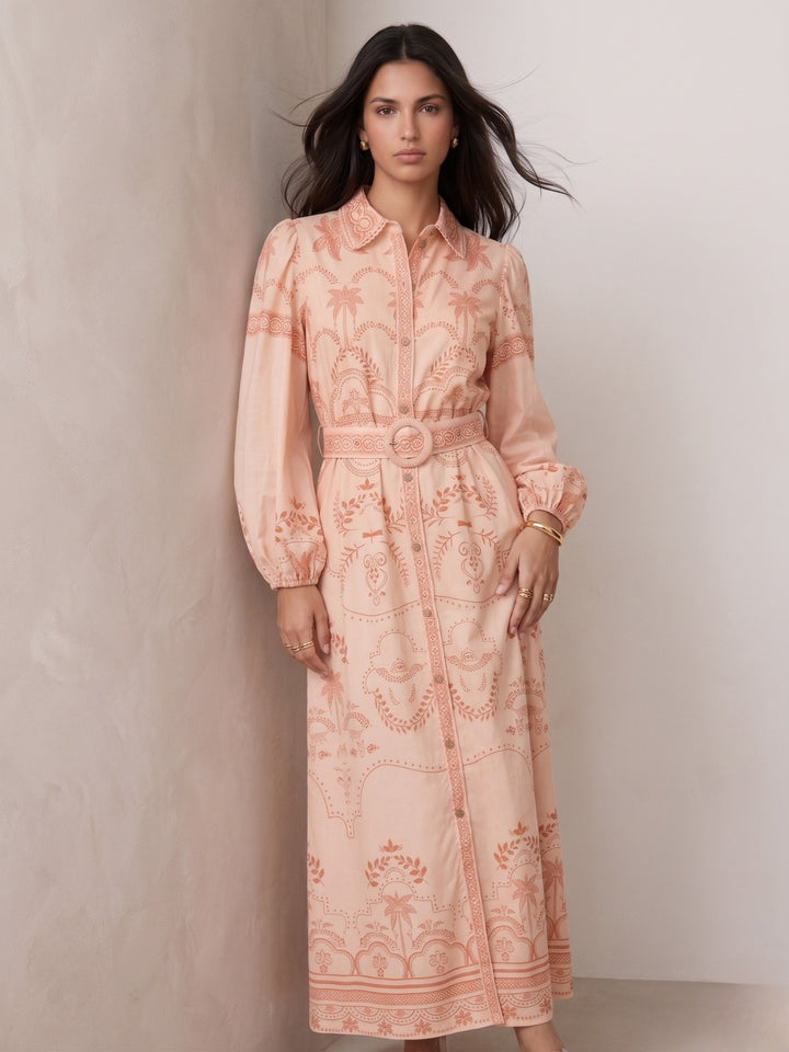 Peach Bishop Sleeve Printed Dress