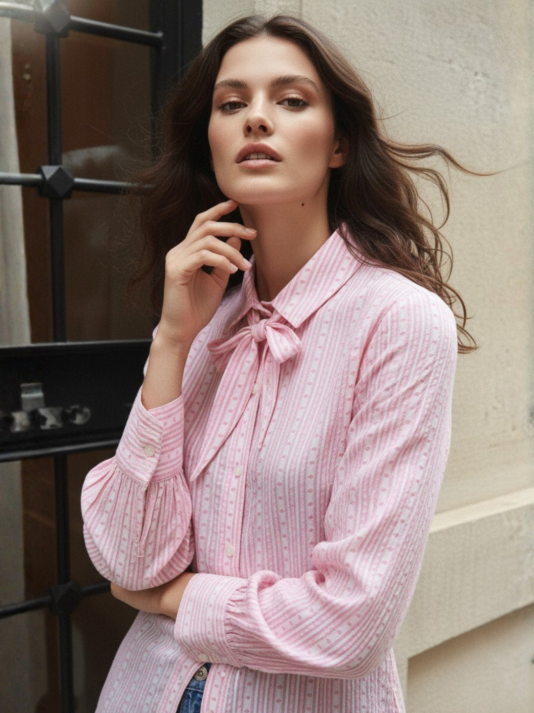 Pink Heart Dobby Tie Neck Shirt