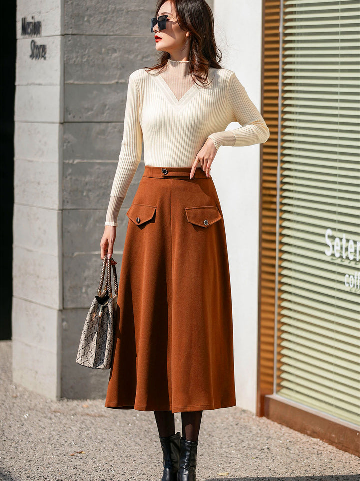 Brown Flared Skirt With Cargo Pockets