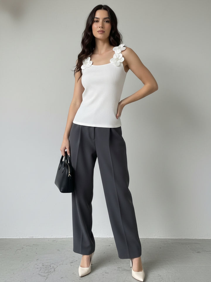 White Floral Embellished Sleeve Fitted Top