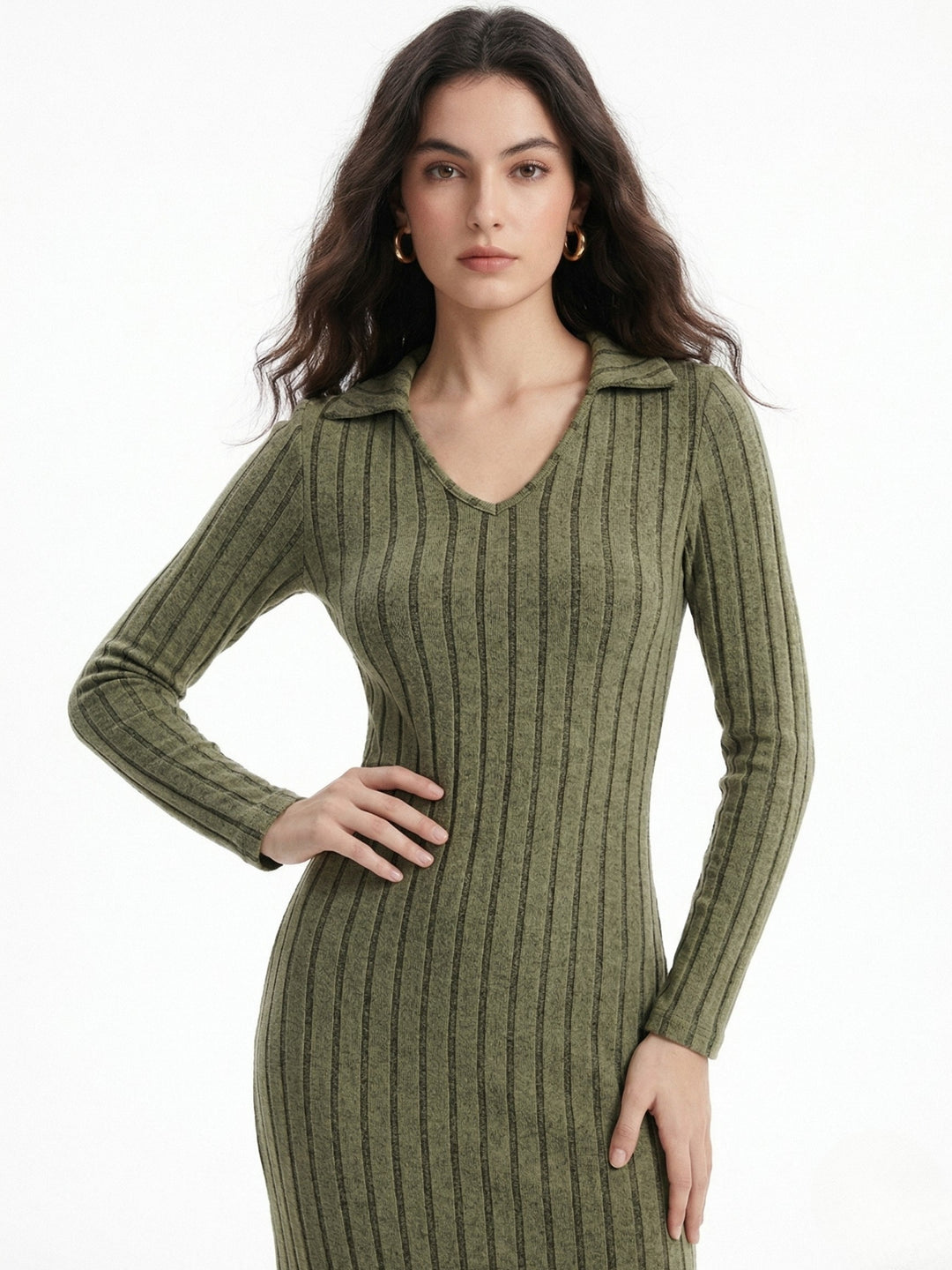 Olive Collared Wide Spaced Rib Dress
