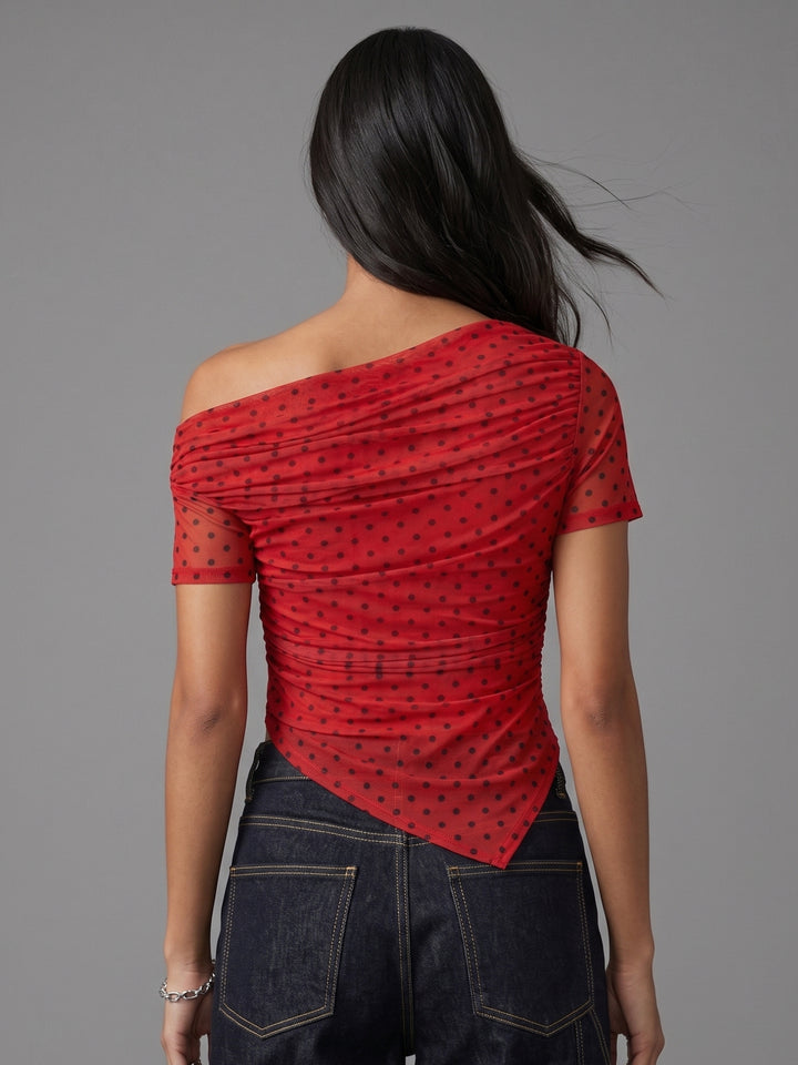 Red Asymmetrical Polka Dot Top