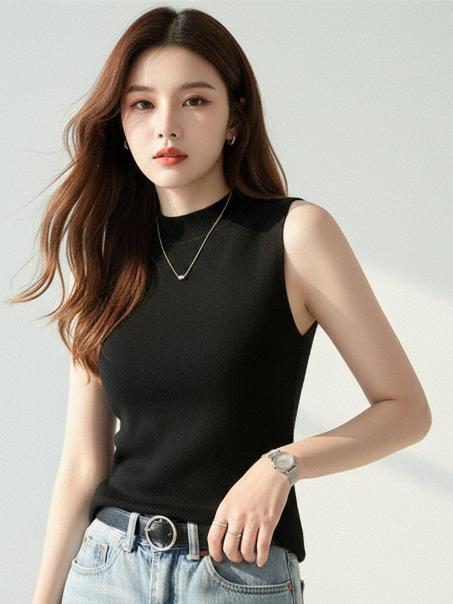 Black High Neck Wide Tank Top