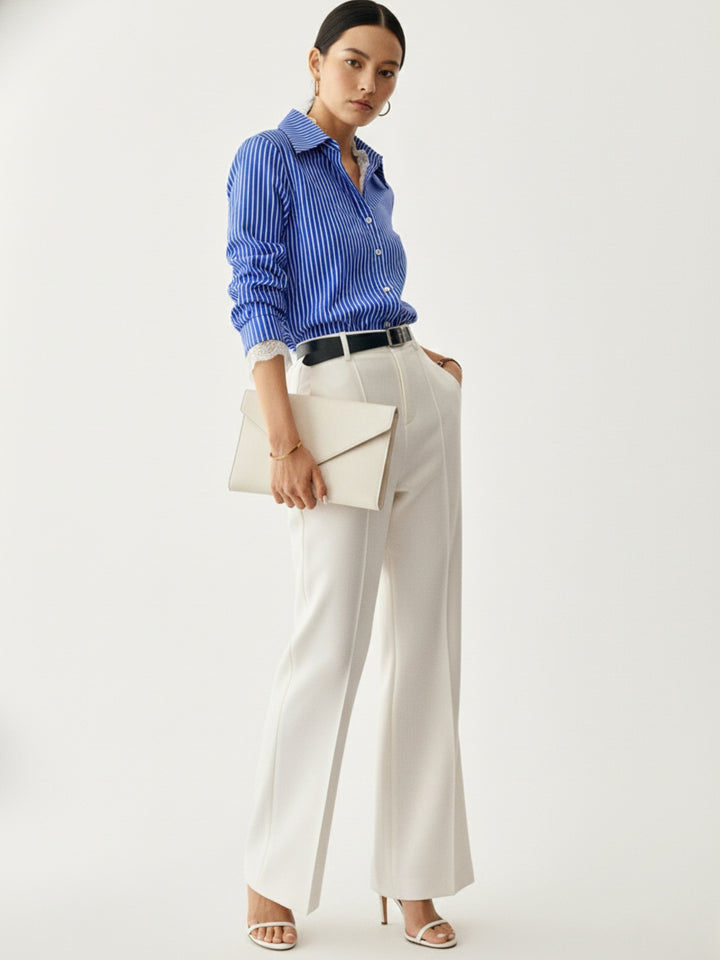 Blue Striped Shirt With Lace Inserts At Neck And Sleeves