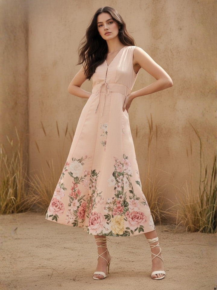 Pink Midi Printed Dress With Bow Tieup Detail