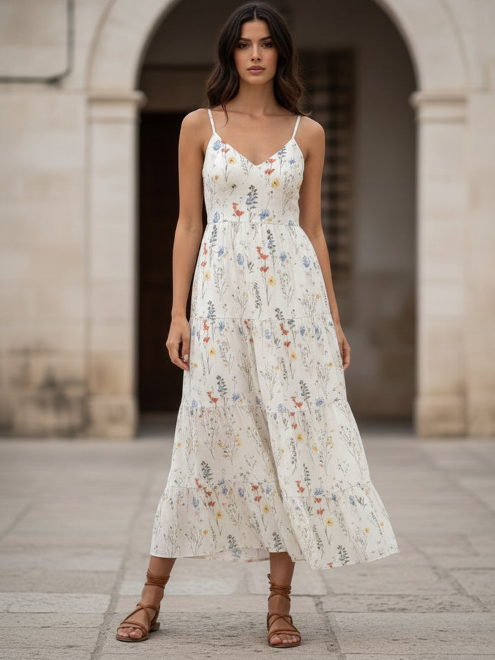 Cream Shoulder Strap Back Bow Tiered Dress