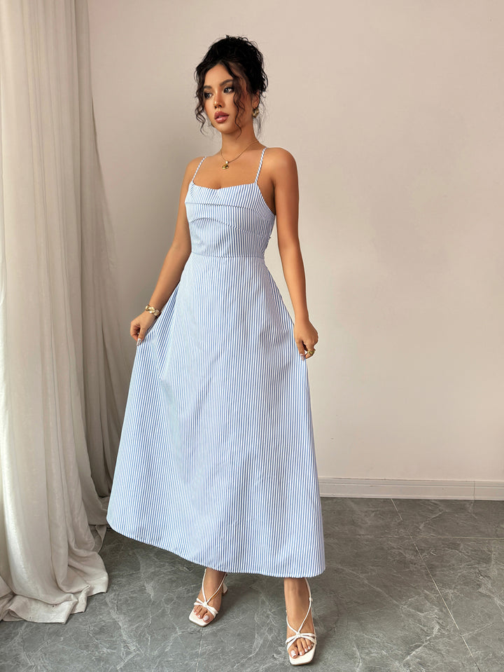 Blue Backless Striped Maxi Dress