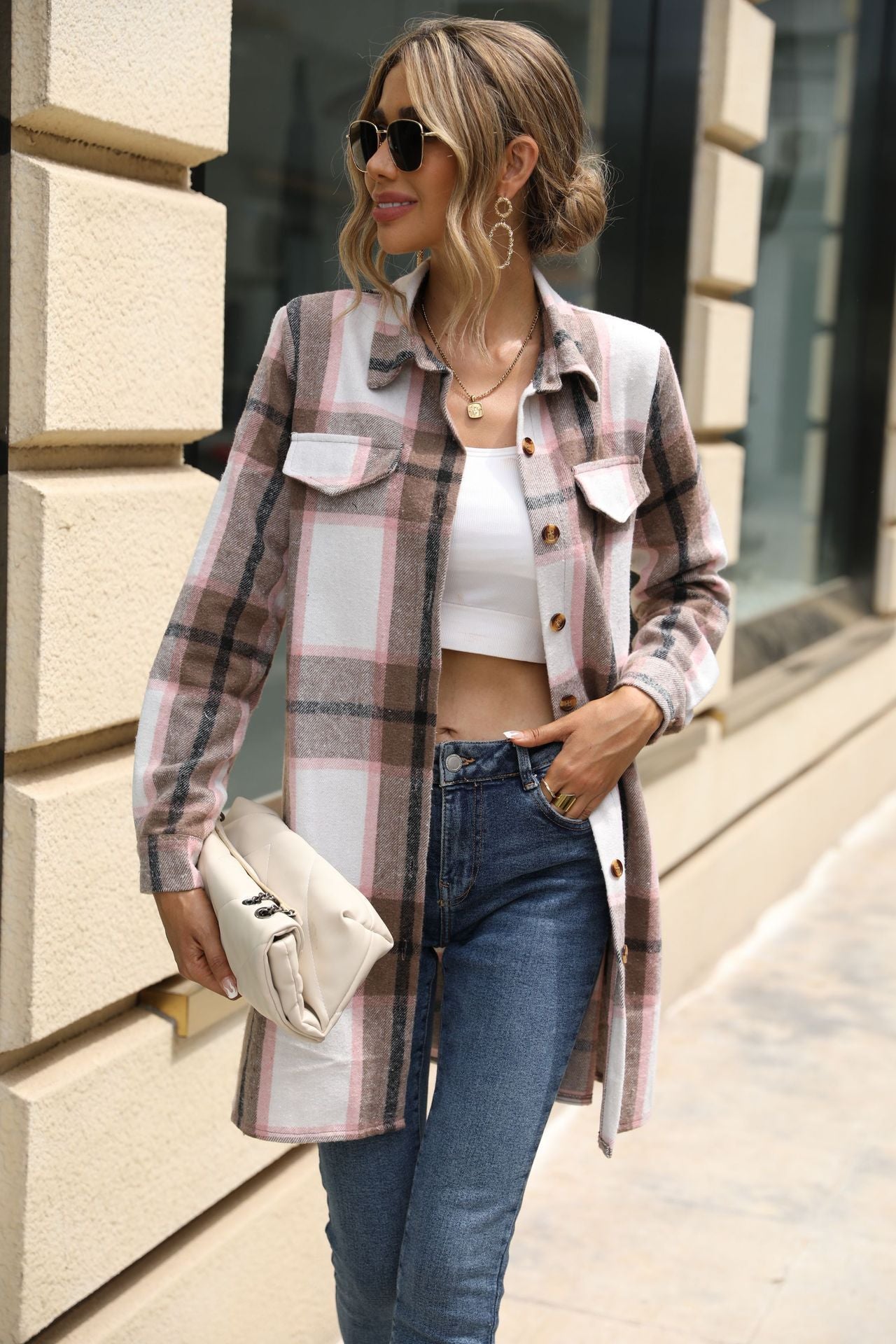 Pink Flannel Shirt Dress With Tie Up