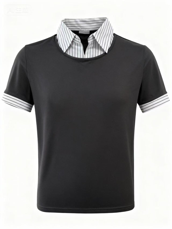 Off White Short Sleeve Contrast Collar Fitted Top